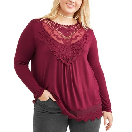 Junior Plus Long Sleeve Crochet Trim Floral Applique Victorian Top