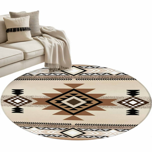 Southwest Round Area Rug 3 FT, Small Kitchen Bathroom Mat, Brown Bohemian Abstract American Aztec Washable Indoor Outdoor Throw Runner Carpet Non-Shedding Doormat for Table Shower Sofa Entryway