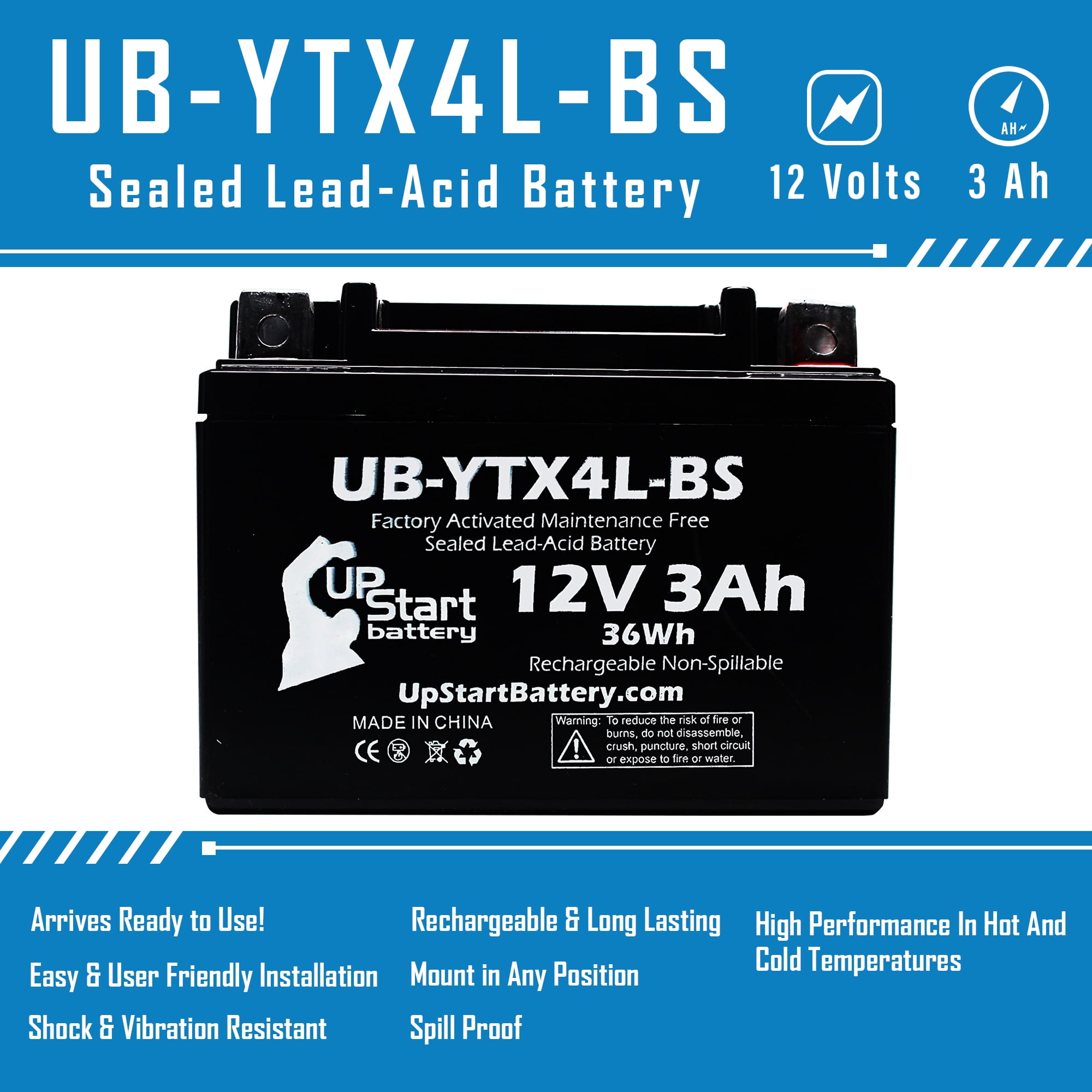 UpStart Battery Replacement 1992 Suzuki DR350S 350CC Factory Activated, Maintenance Free, Motorcycle Battery - 12V, 3Ah, UB-YTX4L-BS