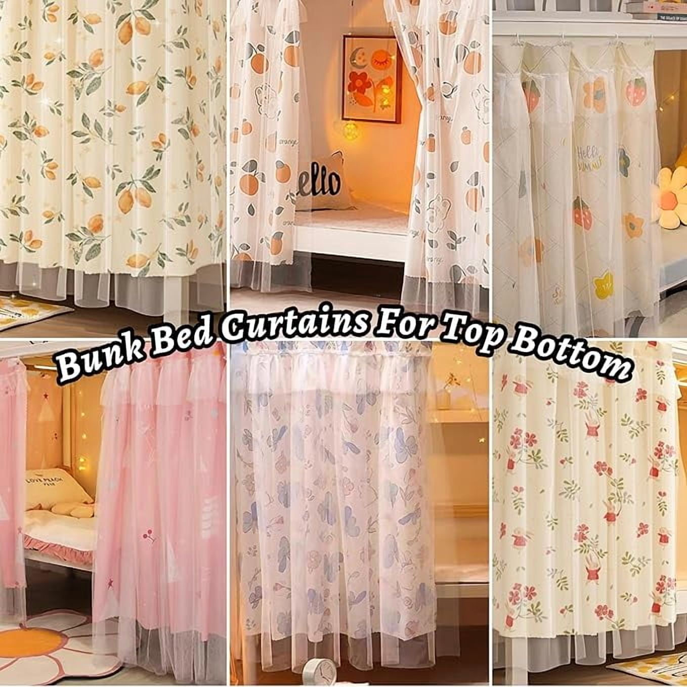 Beautiful Gauze Bunk Bed Curtains Drapes with Lace Privacy Bed Canopy for Bottom, 2 Panels and Top cover