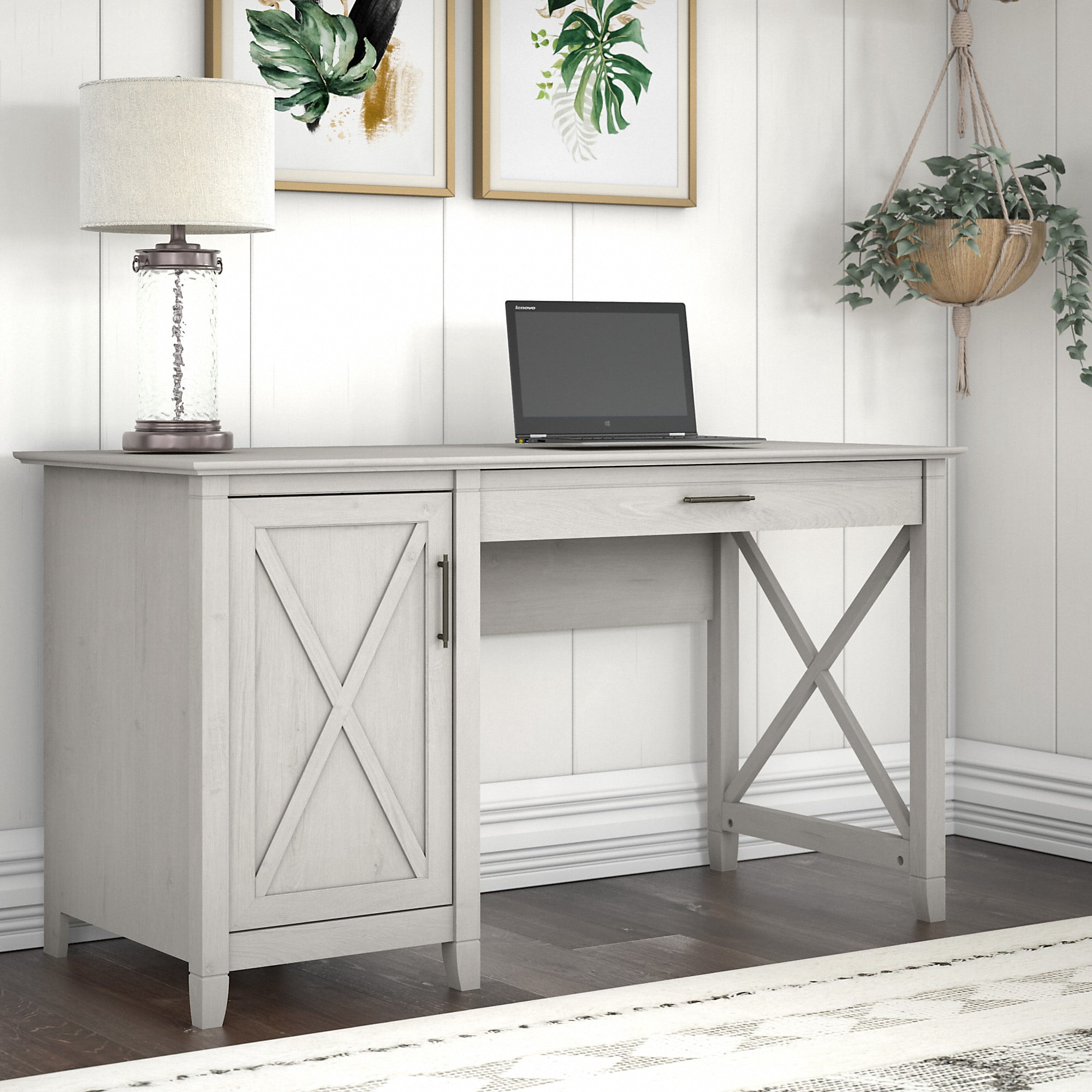 Key West 54W Computer Desk with Storage in Linen White Oak - Engineered Wood