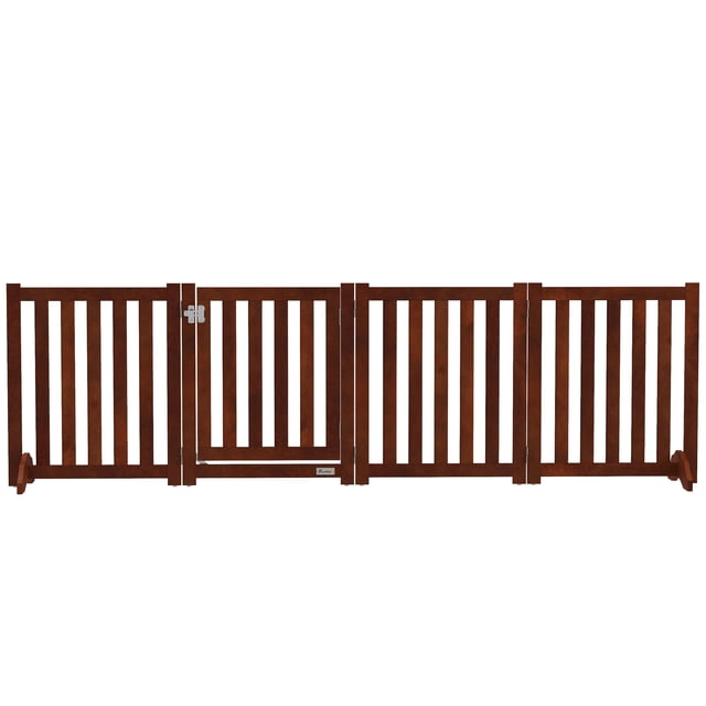 Foldable Brown Dog Gate with Door - 4 Panel MDF Pet Fence for Entryways, Hallways & Stairs - Freestanding & Space-Saving Design