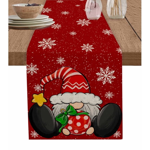 Ldtrchee Red Gnomes Christmas Table Runner 36 Inches, Snowflake Xmas Balls Rustic Bed Runner Dresser Scarves Tabletop for Indoor Outdoor Parties/Ceremony/Banquet, 13"x 36"