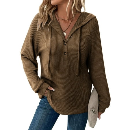 ClodeEU Womens Knit Hooded Sweaters V Neck Button Down Shirt With Drawstring Henley Pullover Tops Brown Womens Plus XXL