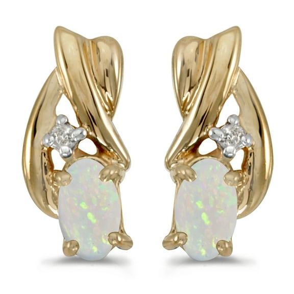 10k Yellow Gold Oval Opal And Diamond Earrings