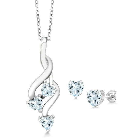 Gem Stone King 2.21 Cttw Heart Shape Sky Blue Aquamarine 925 Sterling Silver Pendant Earrings Set for Women | Heart Shape 6MM and 4MM | Gemstone Birthstone | With 18 inch Chain