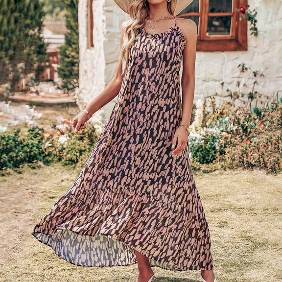 Lilgiuy Womens Summer High Low Ruffle Maxi Dress Spaghetti Strap Print Flowy Beach Long Dress Ethnic Versatile Style Sundress