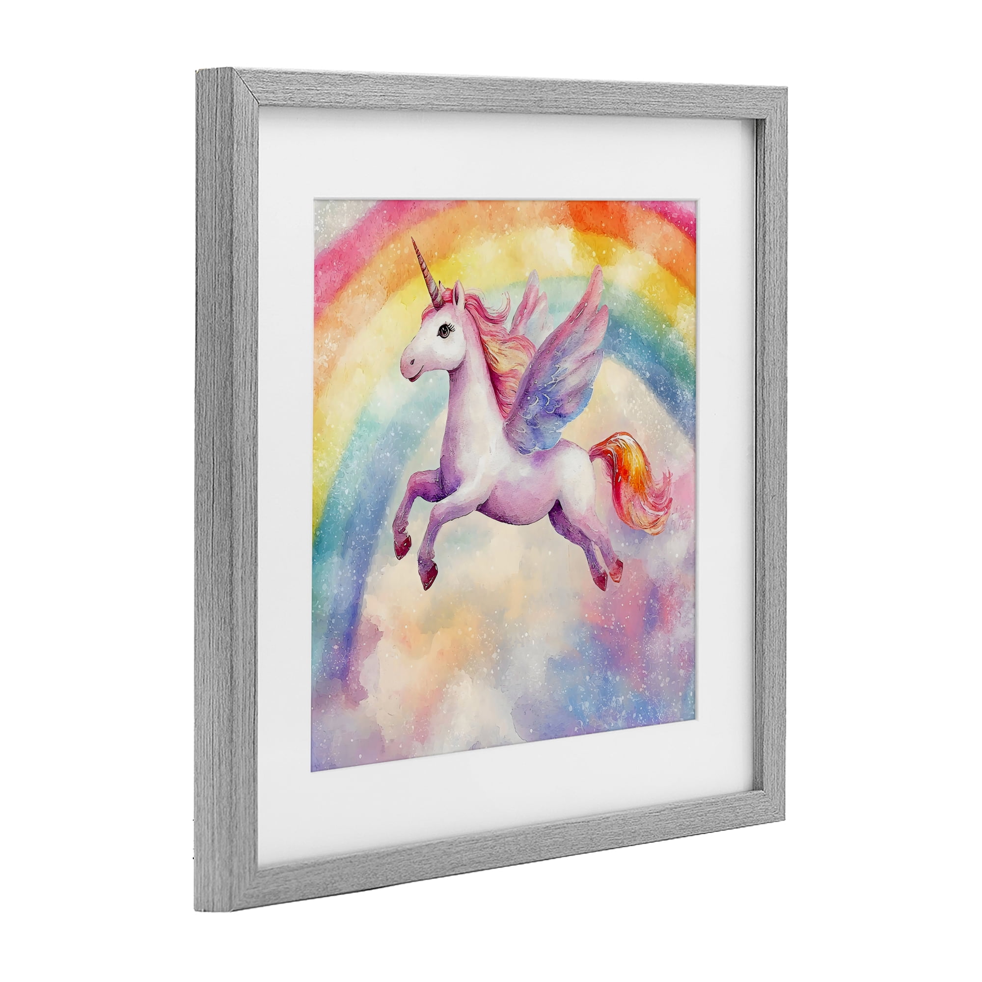 Stupell Industries Flying Unicorn In Rainbow Sky Gray Framed Print Under Glass, design by Creative Studio