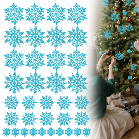 Christmas Light Blue Snowflake Ornaments Plastic Glitter Snow Flakes Ornaments for Winter Christmas Tree Decorations Size Varies Craft Snowflakes, 36 Pcs, Multisize