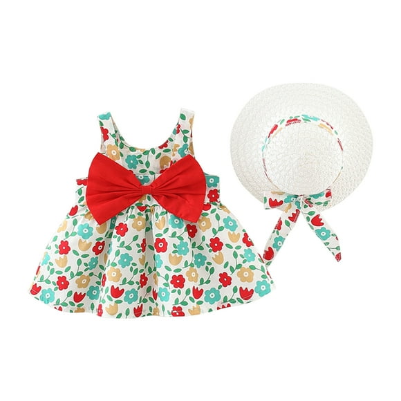 Summer Savings ! PEZHADA Toddler Girl Flower Dresses,Toddler Baby Girl Summer Bow Decoration Flower Print Suspender Dress With Hat Red 18-24 Months