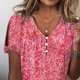 thumbnail image 3 of Camiseta de verano para mujer con hombros descubiertos y manga corta con estampado floral y cuello en V con botones para mujer Rojo XXL, 3 of 5