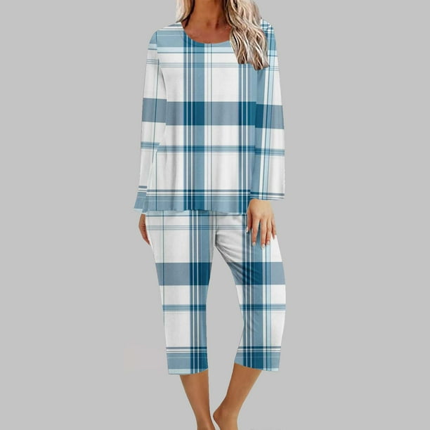 Puntoco Conjunto de capris de manga larga a cuadros con cuello redondo de dos piezas para mujer Puntoco Puntoco-784