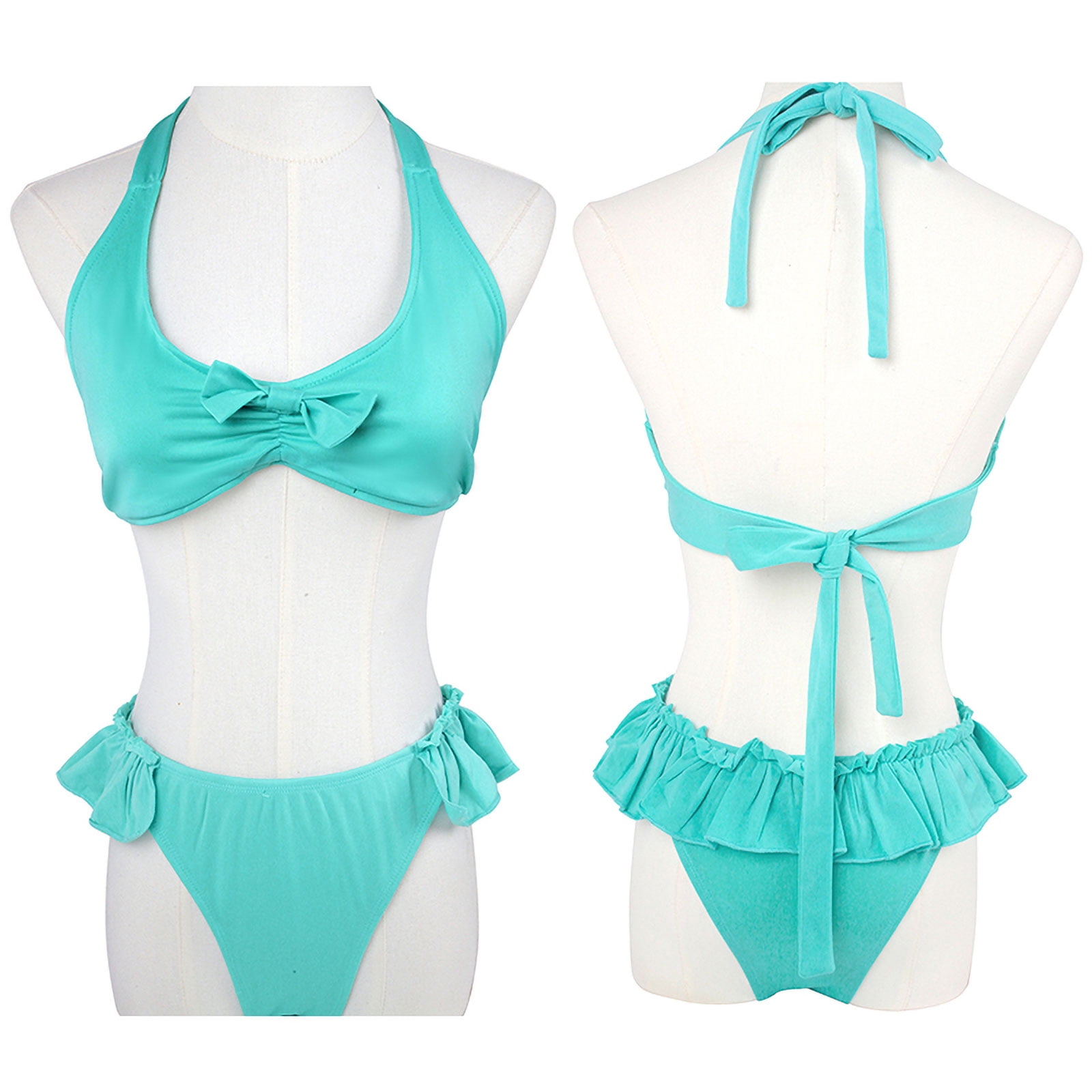 Women Halter Grid Ruffled Bikini Set Two-Piece Anime Swimsuit Beach Bathing  Suit