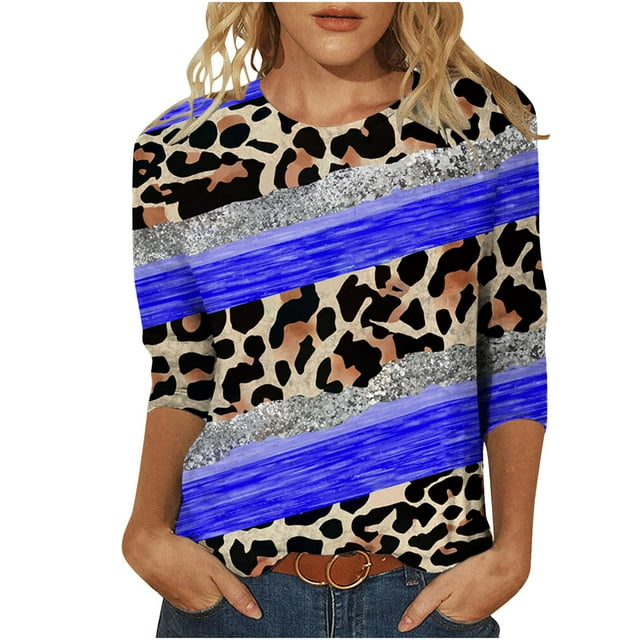 Pompotops T-shirt Ample à Imprimé Léopard pour Femme, Manches 3/4, Col Rond, Haut Décontracté, Liquidation