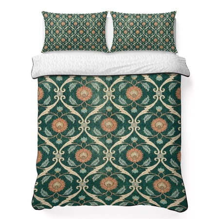 Full Quilt Bedding Set Vintage Ethnic Pattern Green Breathable Summer Cooling Blanket for Hot Sleepers Pastoral Vine Flowers Lightweight Soft Bedding Set with 2 Pillow Shams for All Season