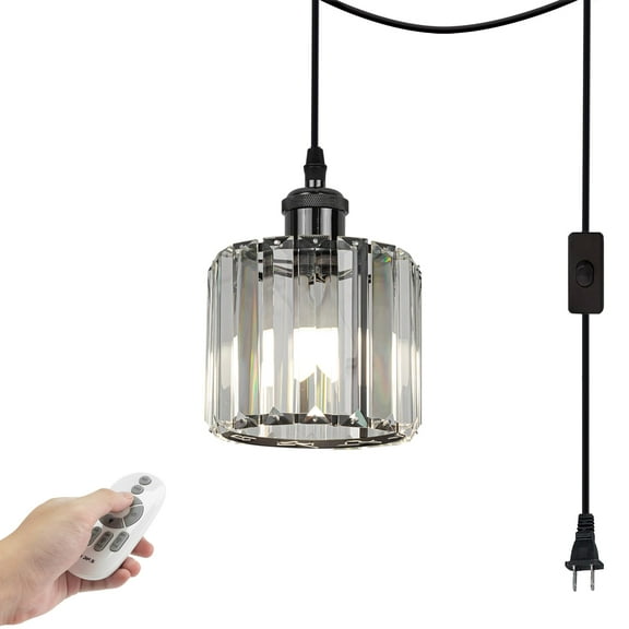 Kiven Plug in Pendant Light,Crystal Hanging Light, Dimmable Hanging Light Fixture with 15FT Plug-in Cord Adjustable Height for Bedroom Hallway Kitchen Island, Pearl Black Finish