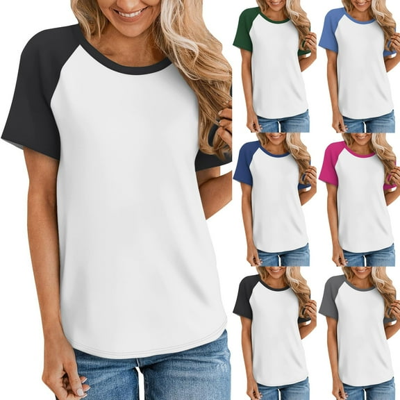 YHAJDS Summer Shirts for Women Casual Short Sleeve Round Neck Raglan Sleeve Color Tee