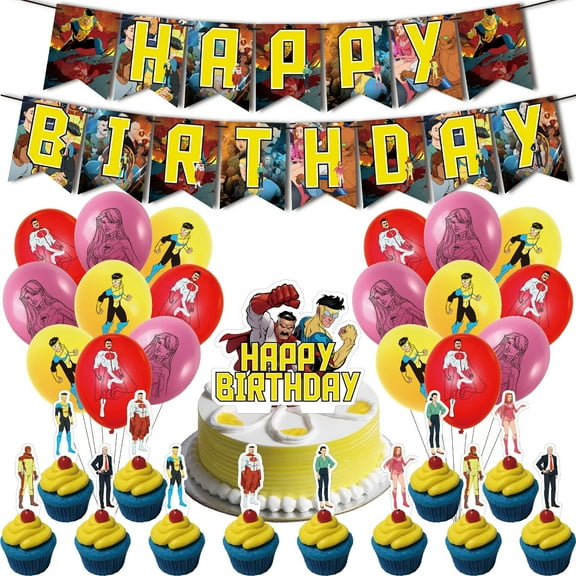 32 PCS For Invincible Birthday Party Decorations, With 1 Happy Birthday Banner Garland, 18 Balloons,13 Cupcake Toppers for decorative supplies set