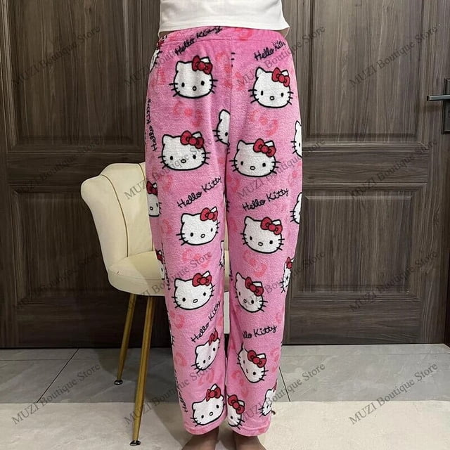 Sanrio-pantalones de felpa de Hello Kitty para mujer, tejido elástico suave y cálido, pijama de dibujos animados para niña, pantalones para el hogar, regalos de vacaciones de Navidad