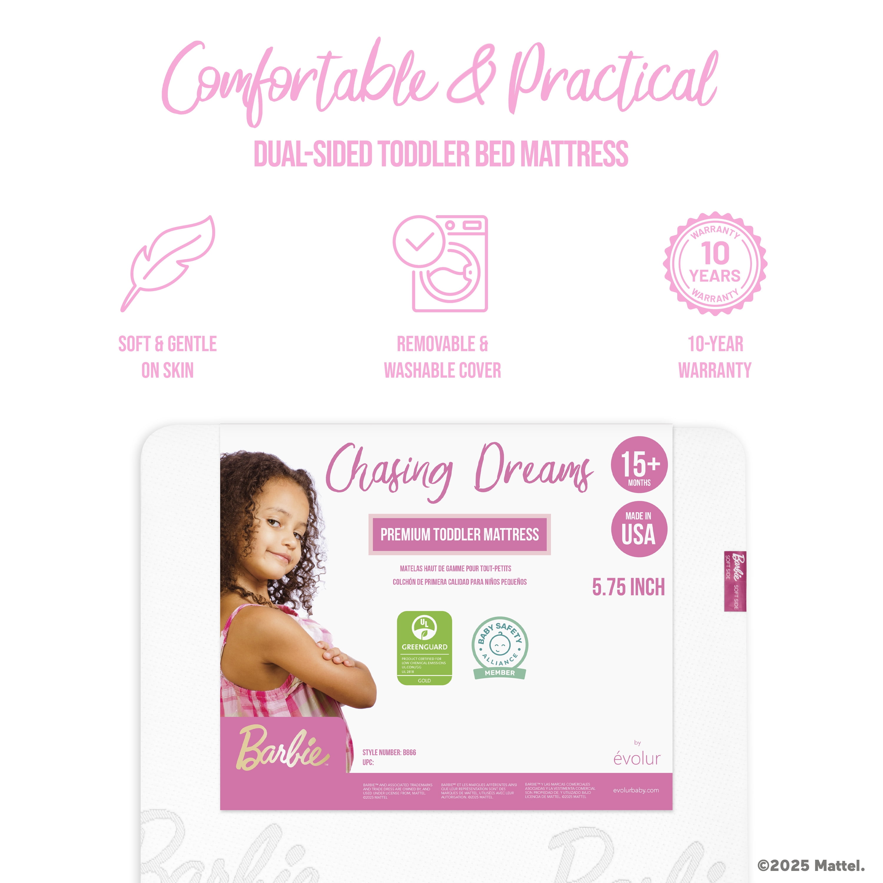 Barbie Chasing Dreams 2 in 1 Crib & Toddler Mattress by Dream On Me, White