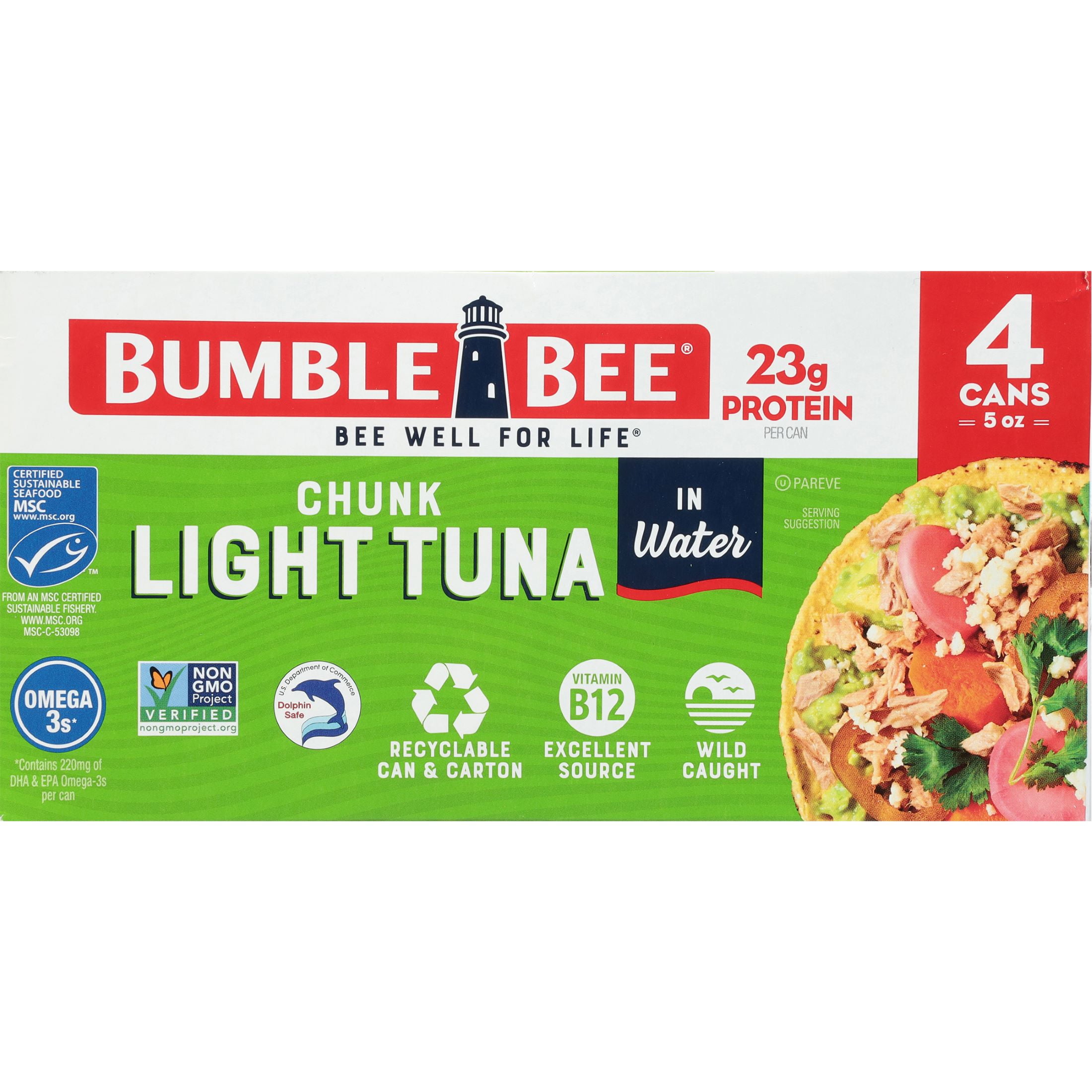 (3 pack) (Pack of 4) Bumble Bee Chunk Light Tuna in Water, Wild Caught, Gluten Free, 23g Protein Per Serving, Shelf Stable Can, 5 oz