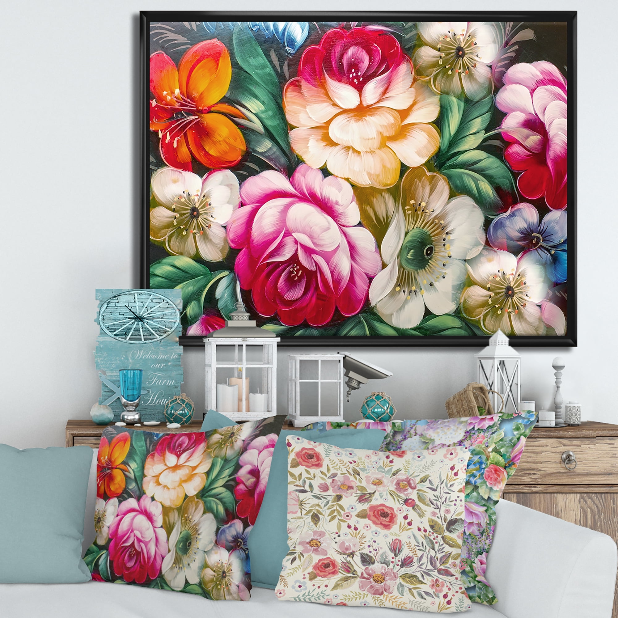 Designart 'Vintage VIbrant Yellow and Red Flower Still Life II' Traditional Framed Canvas Wall Art Print
