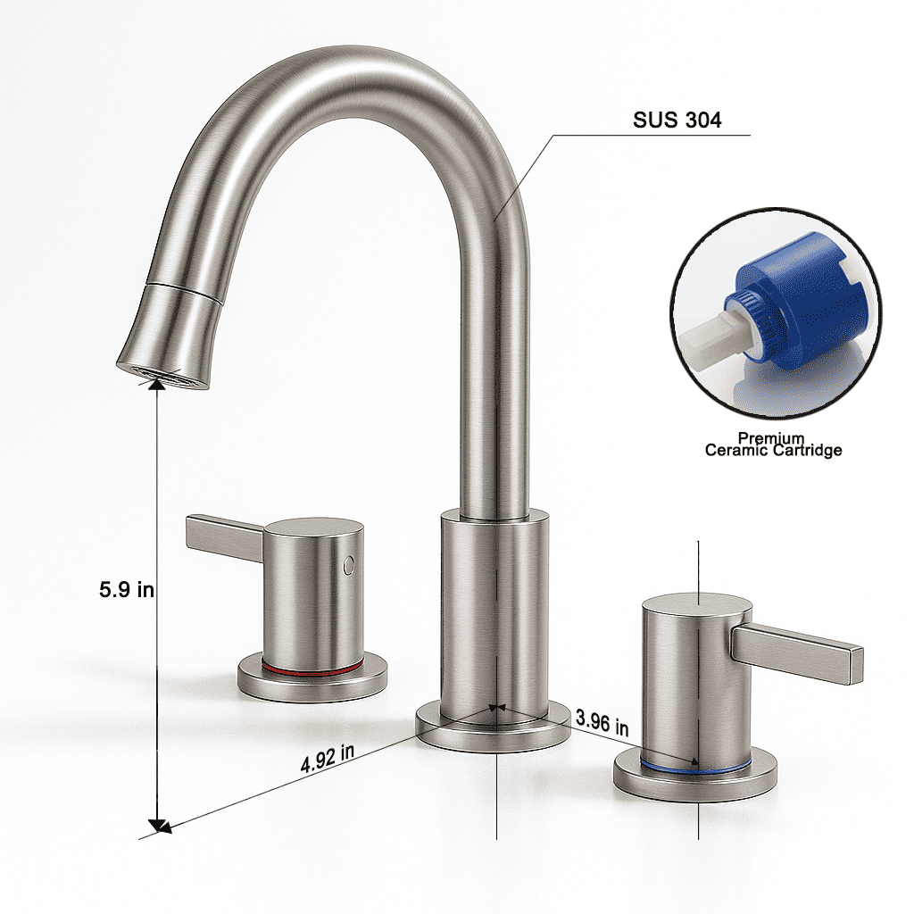 Brushed Nickel 3-Hole Bathroom Faucet, Dual 304 Stainless Steel Handles, Modern Lead-Free Ceramic Valve Faucet, 1.5 GPM Straight Spout for Sink