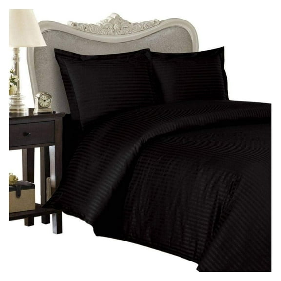 Luxurious BLACK Damask Stripe, QUEEN Size, 1500 Thread Count Ultra Soft Single-Ply 100% Egyptian Cotton, Extra Deep Pocket Four (4) Piece Bed Sheet Set with 2 Pillow Cases 1500TC