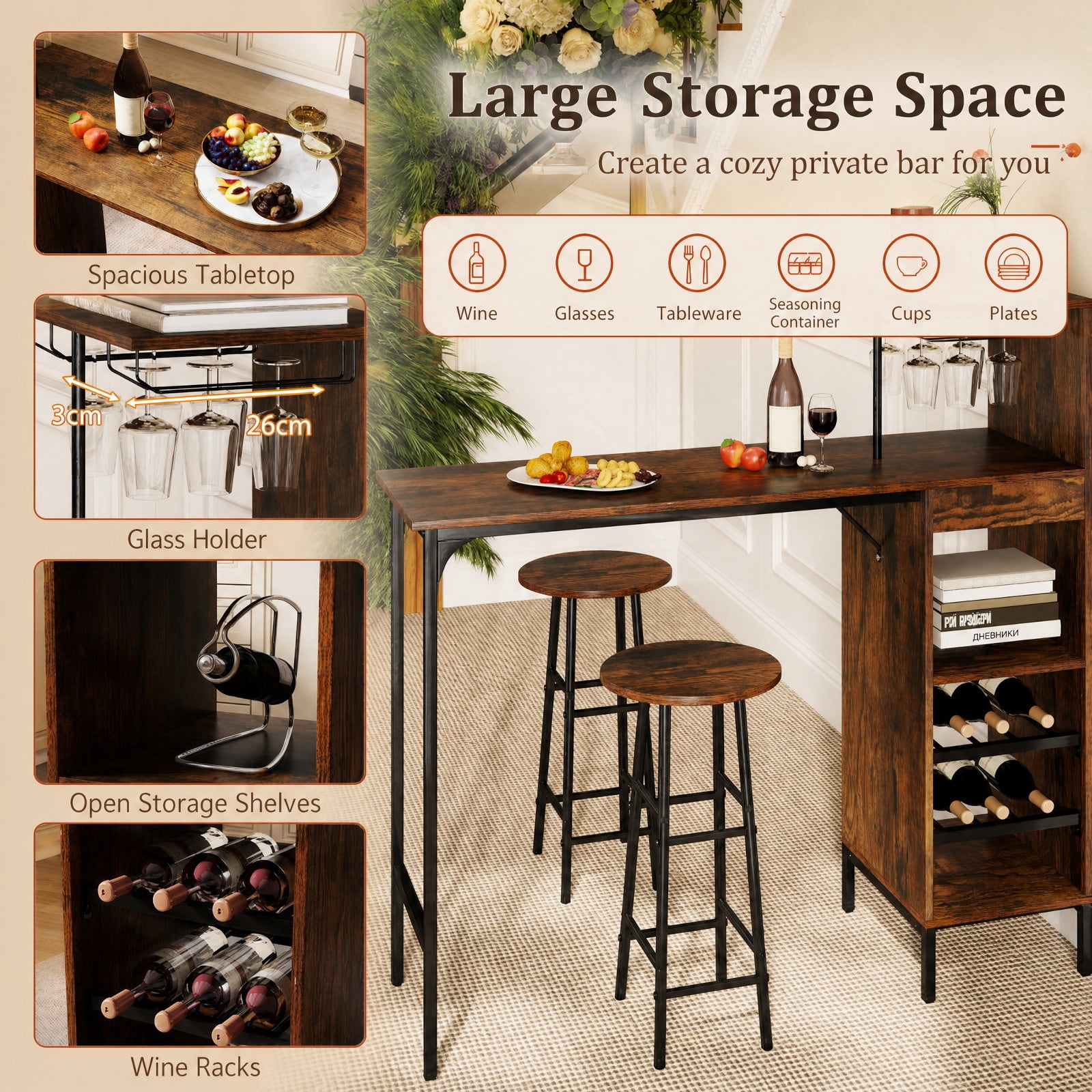 Furnibear 3 Piece Bar Table and Chairs Set with 6-Bottle Wine Rack for Kitchen Dining Room Breakfast Nook Home, Rustic Brown
