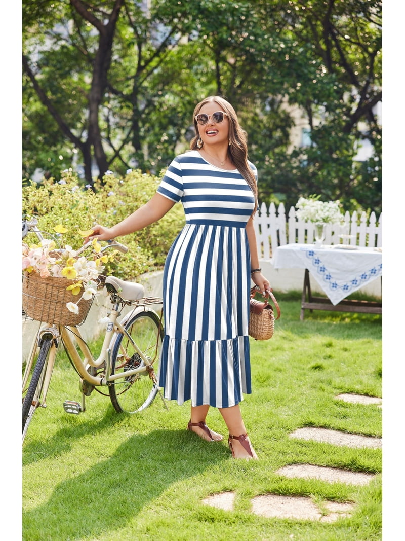 Zeagoo Casual Dresses for Women Plus Size Ruffled Hem Short Sleeve A-Line  Dress High Waist Solid Dress Casual Swing Dresses with Pockets - Walmart.com