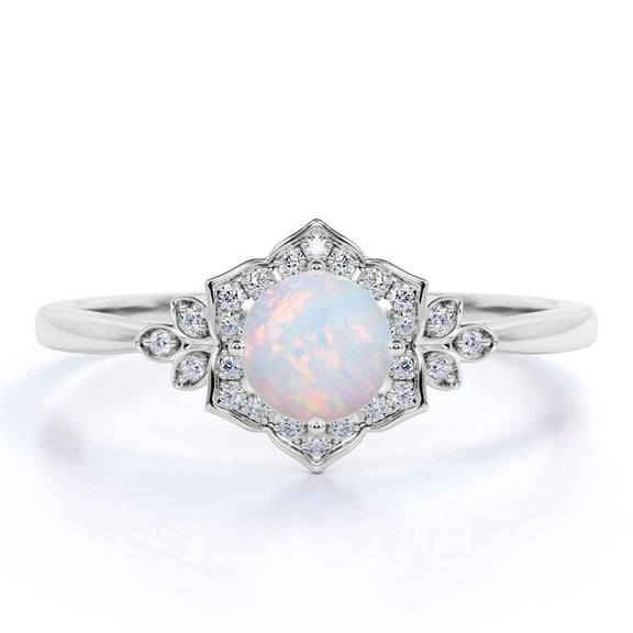 JeenMata 1.75 ct Round Cut Lab Created Opal and Moissanite Nature Inspired Promise Ring in 18k White Gold over Silver