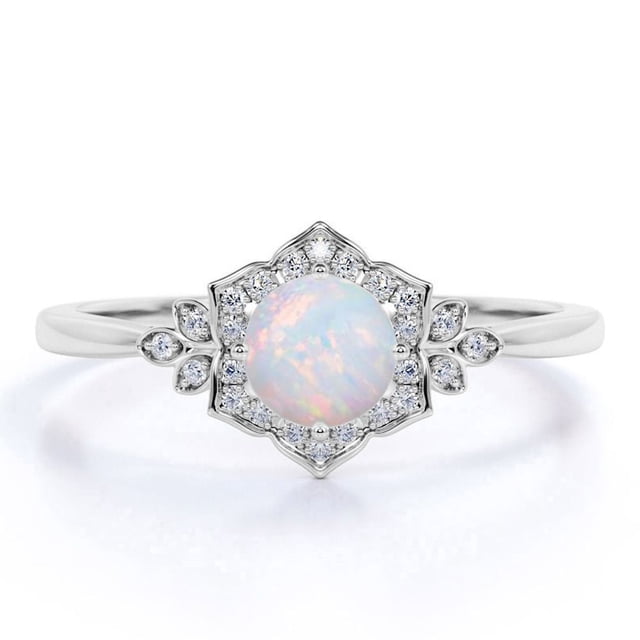 JeenMata Anillo de Compromiso Inspirado en la Naturaleza con Ópalo de Fuego de Talla Redonda de 1,75 Uds y Moissanita en Oro Blanco de 18 K sobre Plata