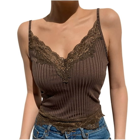 GA WEIHUA Women s V Neck Lace Trim Cami Top Sexy Y2k Going Out Tank Camisole Spaghetti Strap Undershirts Slim Street Style Lingerie Bralette Tops(Coffee S)