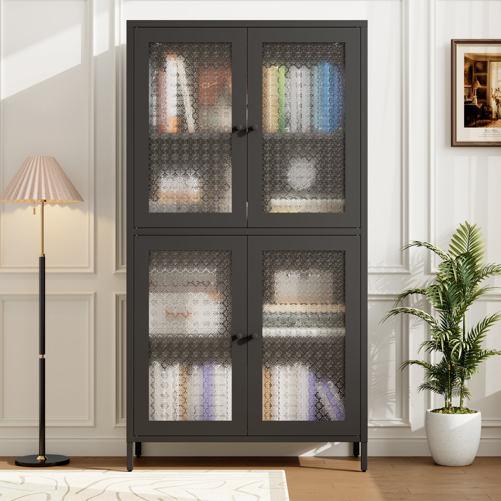 59" Metal Storage Cabinet Display Cabinet with 4 Glass Doors & 4 Shelves,Cabinet Bookcase Side Cabinet for Home Office Living Room,Black 03