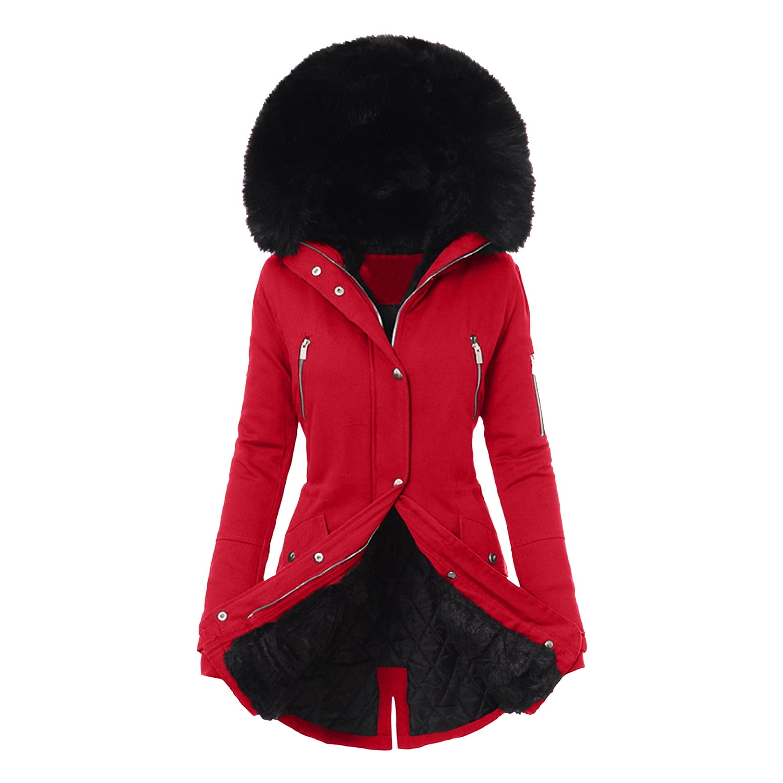 US Womens Winter Warm Fluffy Hooded Coat Fur Lined Parka Jacket Trench Outwear