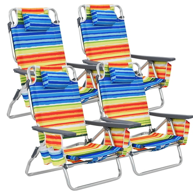 Gymax Lot de 4 Chaises de Plage Pliantes Type Sac à Dos, Chaise de Camping Inclinable avec Sac de Rangement, Jaune