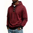 thumbnail image 2 of Men's Striped Henley Hoodie, Long Sleeve Button Placket Drawstring Pullover Hooded Sweatshirt, 2 of 7