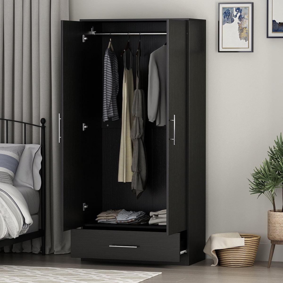 Buy Timechee Modern 2 Door Wardrobe Armoires with Drawer and Hanging Rod, Black Online at