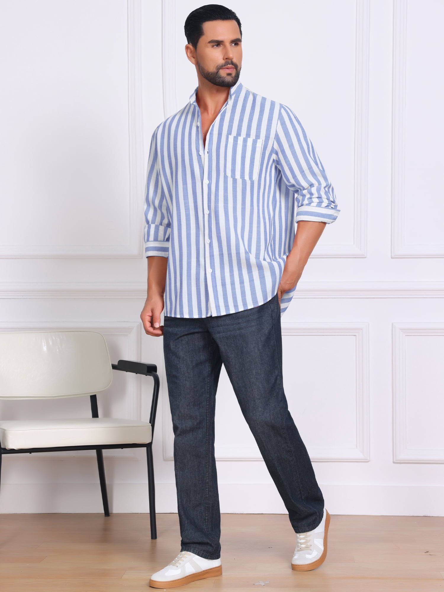 DARING DIVA Men's Striped Stand Collar Long Sleeve Button Down Shirt L Light Blue