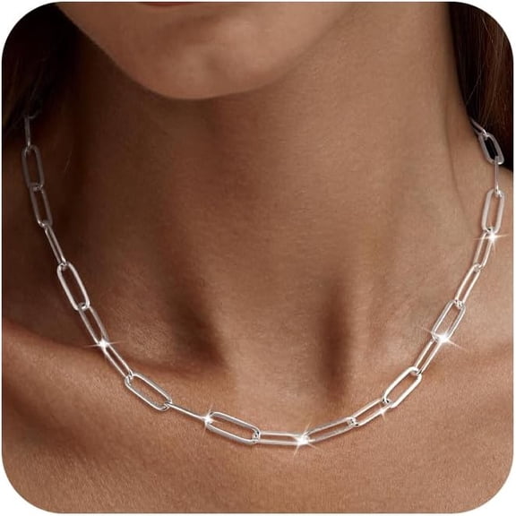 Silver Paperclip Chain Necklace For Women,Dainty Sterling Silver Choker Necklaces For Women Trendy Simple Long Chunky Minimalist Waterproof Link Necklace Jewelry Gifts For Women 16/18/20 In[o6375]
