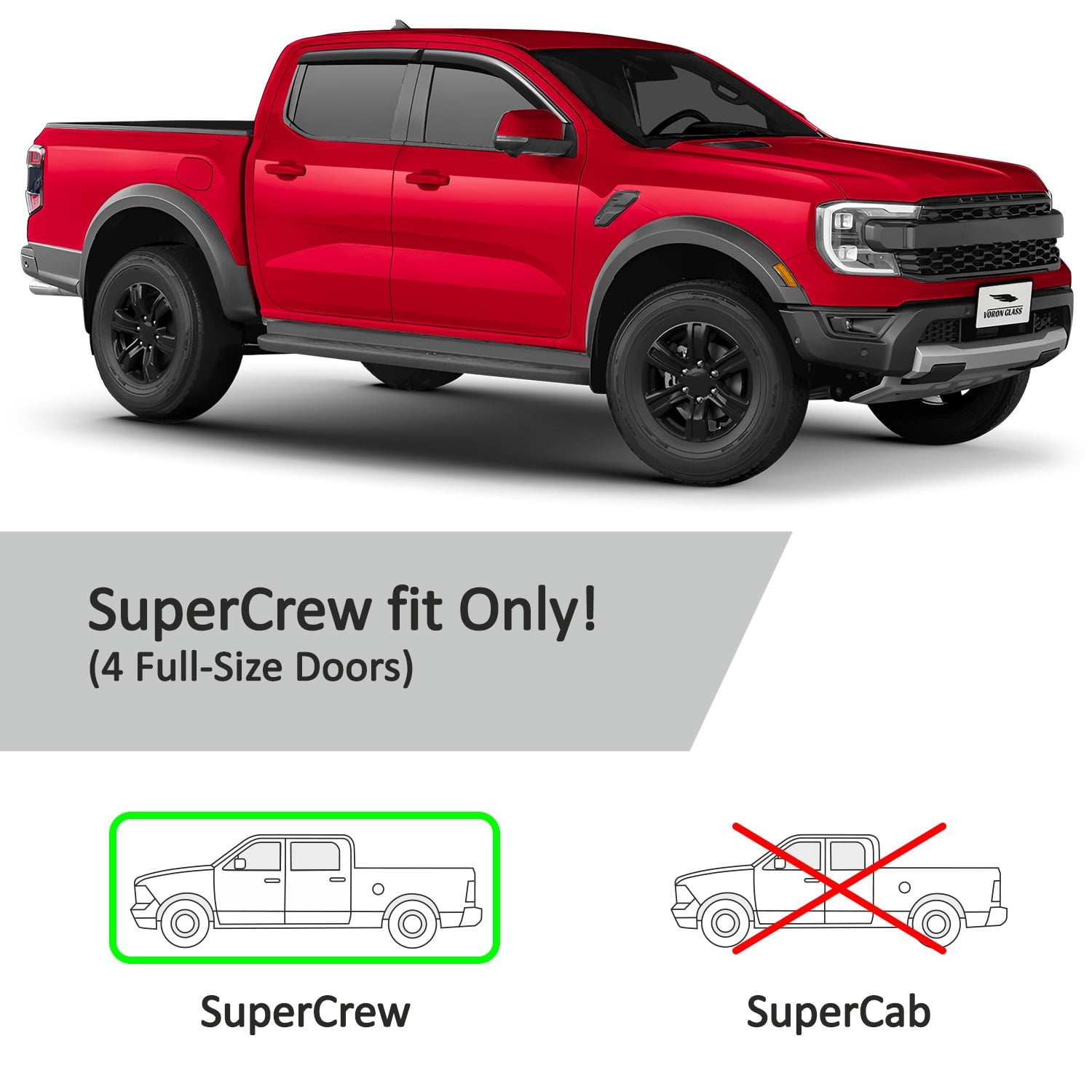Voron Glass Tape-on Extra Durable Rain Guards for Ford Ranger 2024-2026 SuperCrew, Window Deflectors, Vent Window Visors, 4 Pieces - 100786