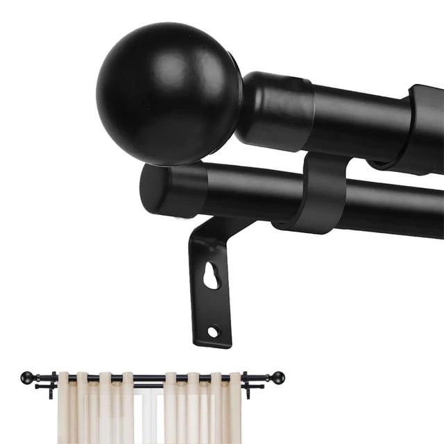 Barra de Cortina Doble Telescópica de Metal,Cortinero Doble (36 a 120”),Tubo Cortina Doble Negro,cortineros dobles para cortinas,Ventana con Soporte,para casa, Armario