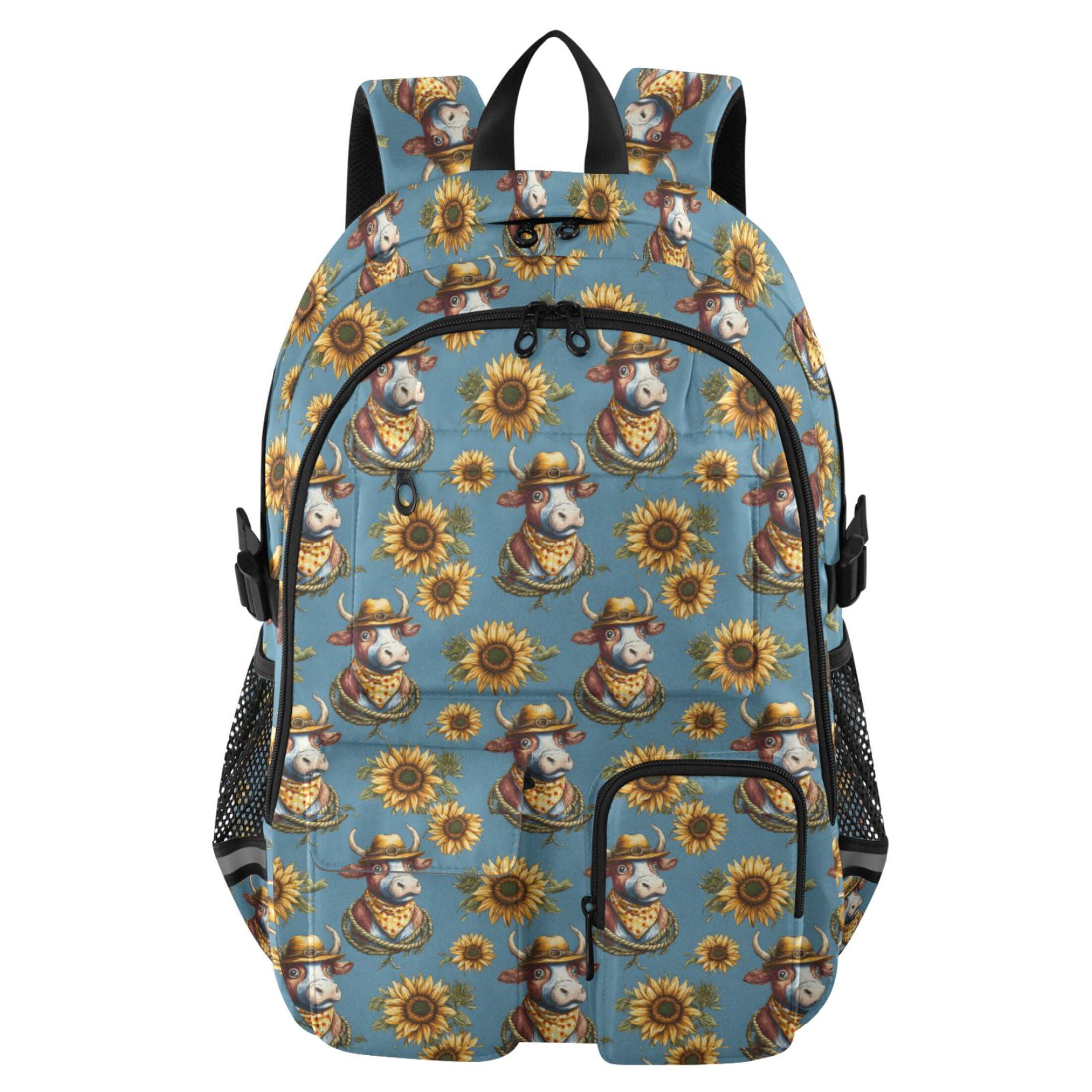 ALAZA Cow with Hat Sunflowers Print Student Backpack School Bookbag Large Laptop Daypack Travel Bag
