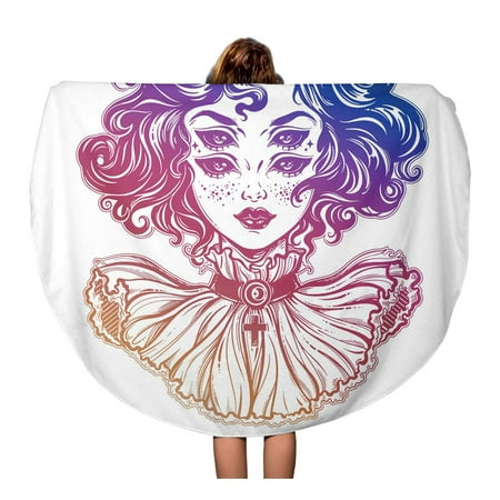 SIDONKU 60 inch Round Beach Towel Blanket Gothic Witch Girl Head Portrait Curly Hair and Four Travel Circle Circular Towels Mat Tapestry Beach