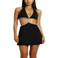 thumbnail image 1 of Femmes Été Coupe Slim Robe Strass Patchwork V-Cou Cravate Licol Taille Mini Robe, 1 of 9