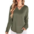 thumbnail image 3 of Womens Tops Waffle Knit Long Sleeve Notched V Neck Shirts Casual Trendy Solid Color Loose Blouses Army Green L, 3 of 8
