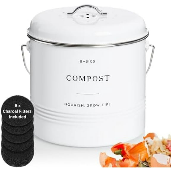 Kitchen Compost Bin – 1.3 Gallon Countertop Farmhouse Compost Container with Lid – Odorless Indoor Food Scrap Pail with 6 Charcoal Filters – Eco-Conscious and Easy to Clean - White$$Storage