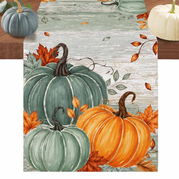 Thanksgiving Fall Table Runner, Green Pumpkin Orange Eucalyptus Leaf Rustic Cotton Linen Table Cloth, Tablerunner for Kitchen Dining Party Wedding Home Decor 13x36 Inch