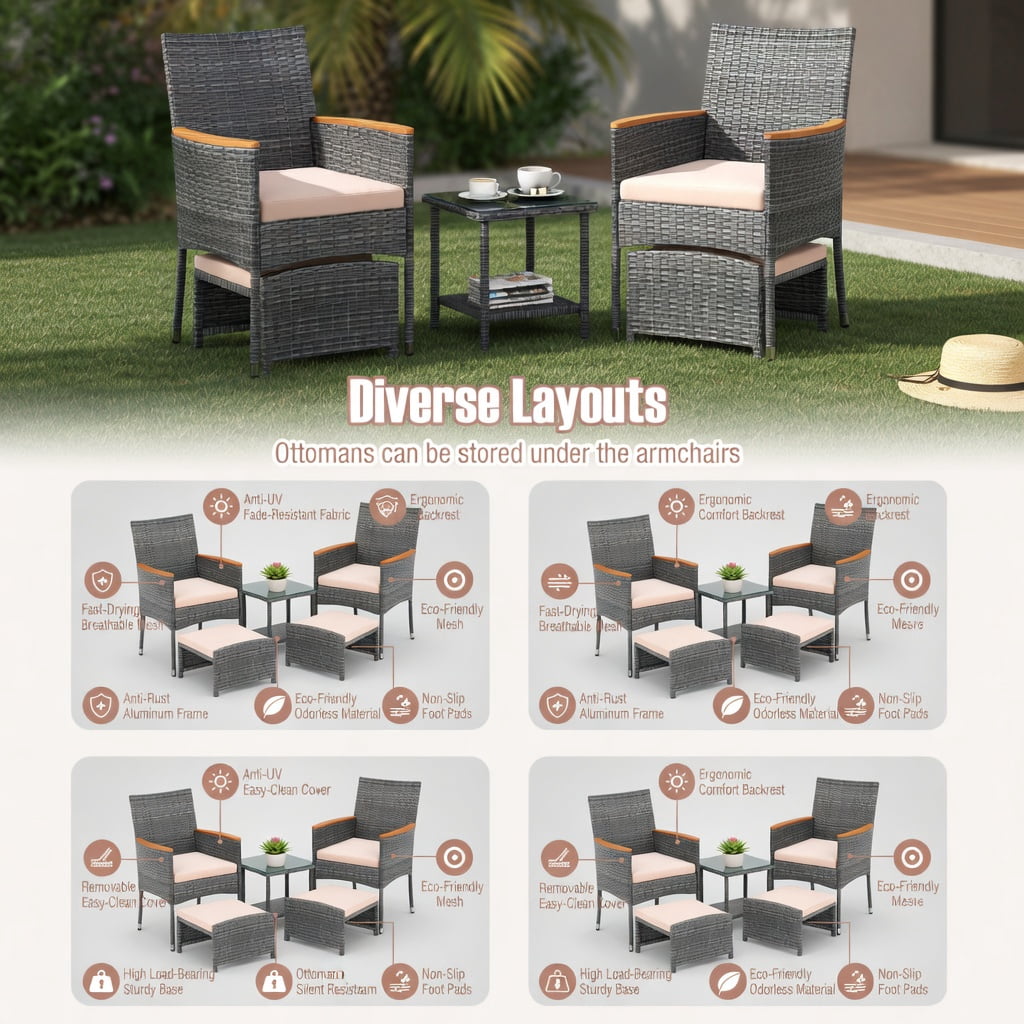 Hommoo 5-Piece Outdoor Patio Conversation Set with PE Rattan Armchairs, Ottoman Footrests & Tempered Glass Side Table, Weather-Resistant, Space-Saving, Easy-Clean Cushions, Brown