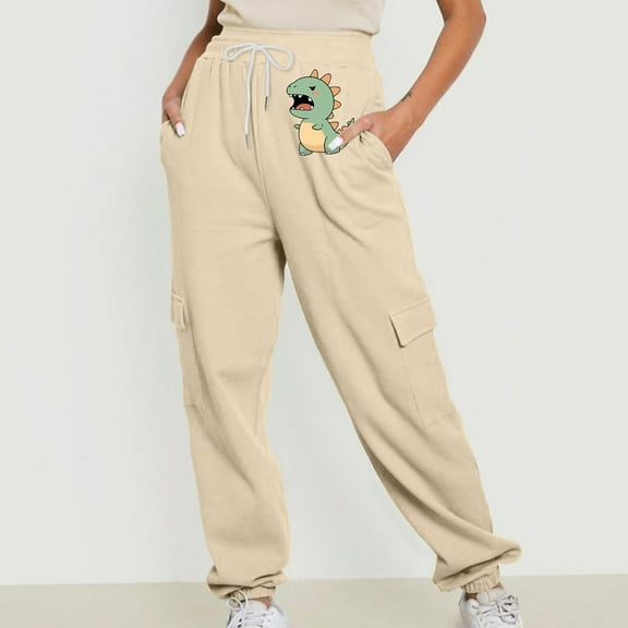 Jjayotai Womens Joggers Pants, Waffle Knit Cargo, Casual Sweatpants with Pocket, Elastic Waist Lounge Pants for Workout Running Beige L